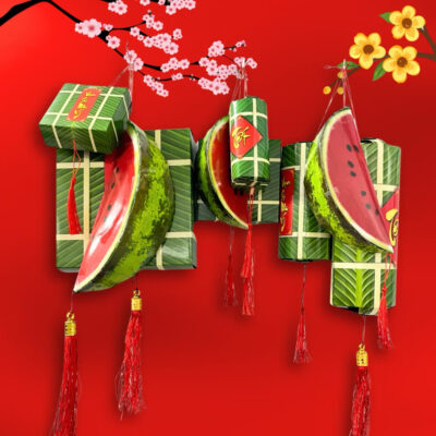 ￼Set 9 Đồ Decor Trang Tri Tết Bằng Giấy Bánh Chưng, Bánh Tét, Dưa Hấu 2026