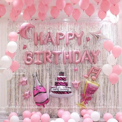 Set trang trí tiệc sinh nhật màu hồng có rèm kim tuyến