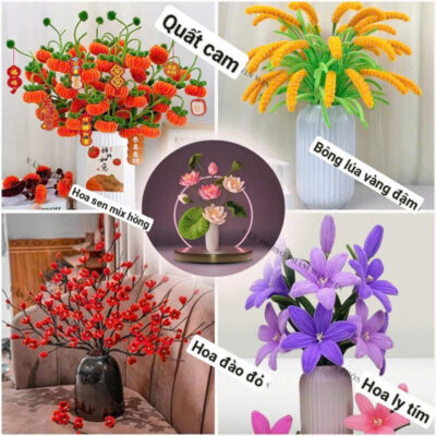 Set Hoa Tết Kẽm nhung Decor Trang trí Tết Hottrend 2026 - Hoa Đào, Hoa Mai, Quýt, Hoa sen, Bông lúa