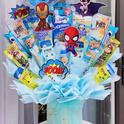 Lẵng hoa bánh kẹo tông xanh _Tháp bánh kẹo_Quà tặng sinh nhật,tốt nghiệp dành cho bé trai