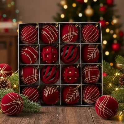 Set 9-16 bóng đỏ nhung to 6CM trang trí cây thông Noel, Giáng Sinh, Quả châu đỏ nhung trang trí Noel